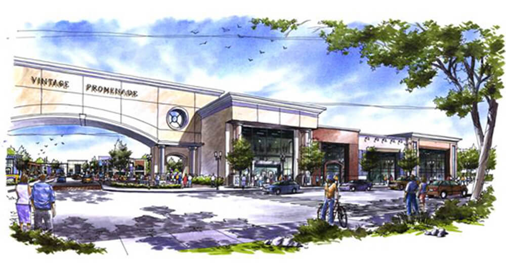 Design mockup showing the streetscape and facade of The Vintage Promenade in Modesto California